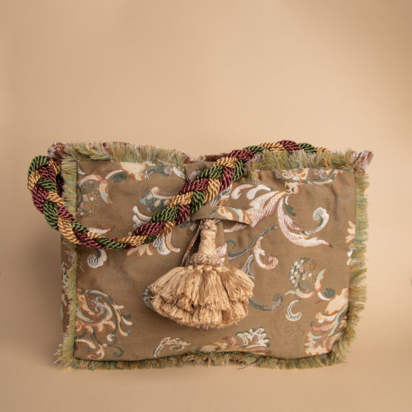 Retrto della borsa Sofia reverse da donna in cotone e poliestere color Verde oliva con decorazioni floreali beige e arancio